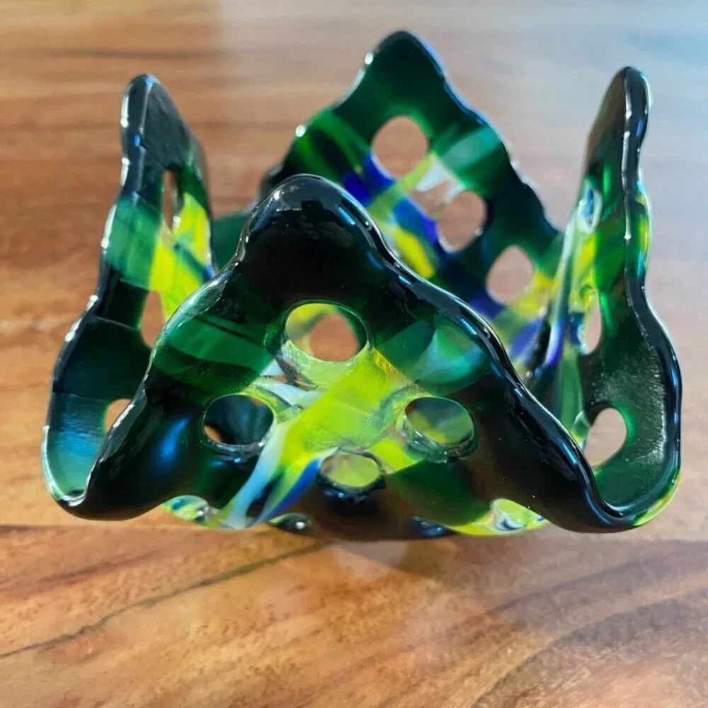MCM Fused Glass Green Yellow Blue Lattice Style Candle Holder or  Trinket Dish
